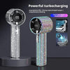 A silver and iridescent portable handheld turbocharging cooling fan with a digital display screen.