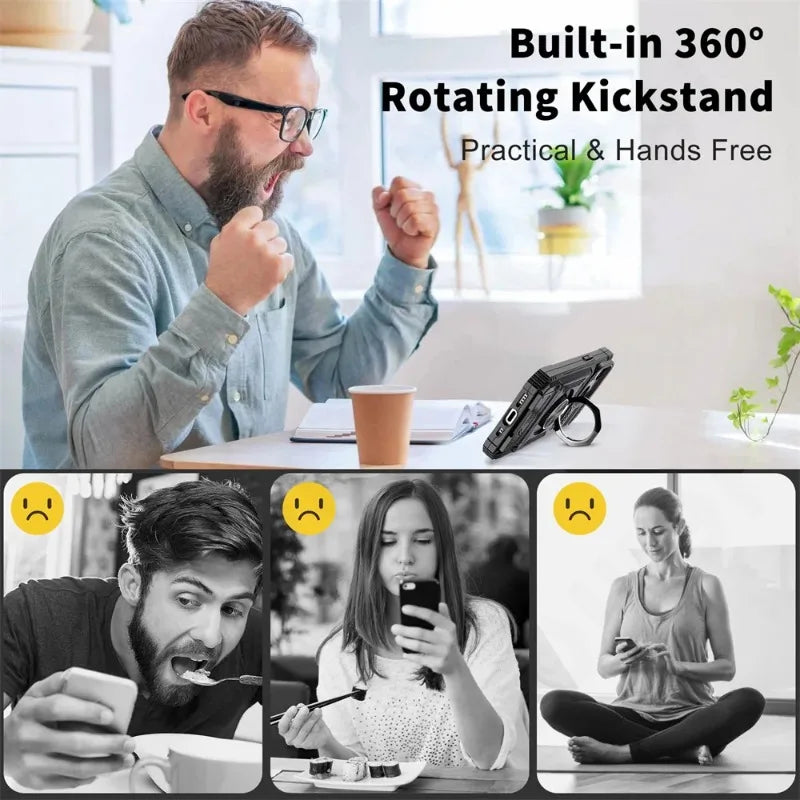 A man demonstrates a built-in 360° rotating kickstand feature on a phone case.