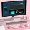 A pink mechanical keyboard is shown next to a computer monitor displaying keyboard customization software.