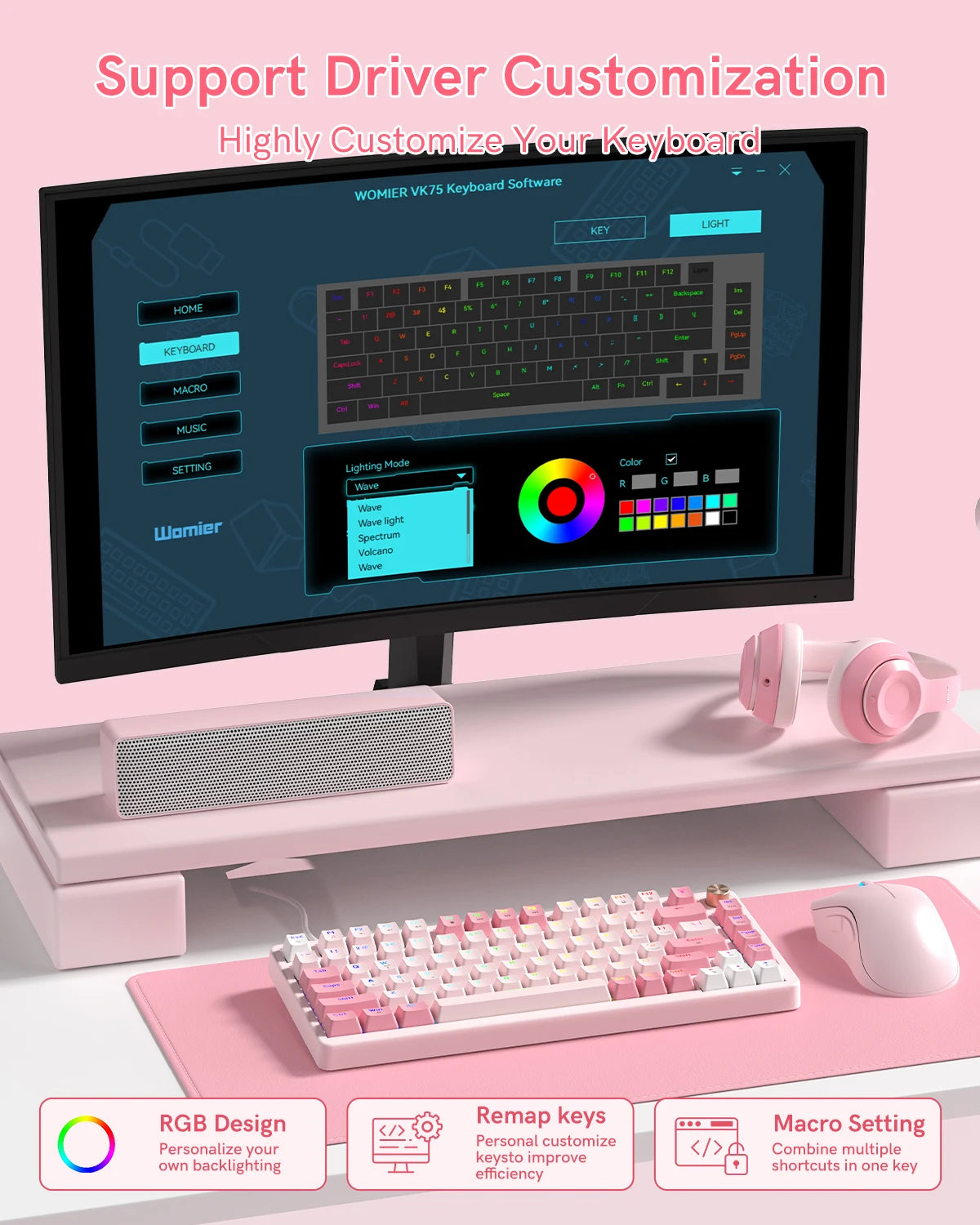 A pink mechanical keyboard is shown next to a computer monitor displaying keyboard customization software.
