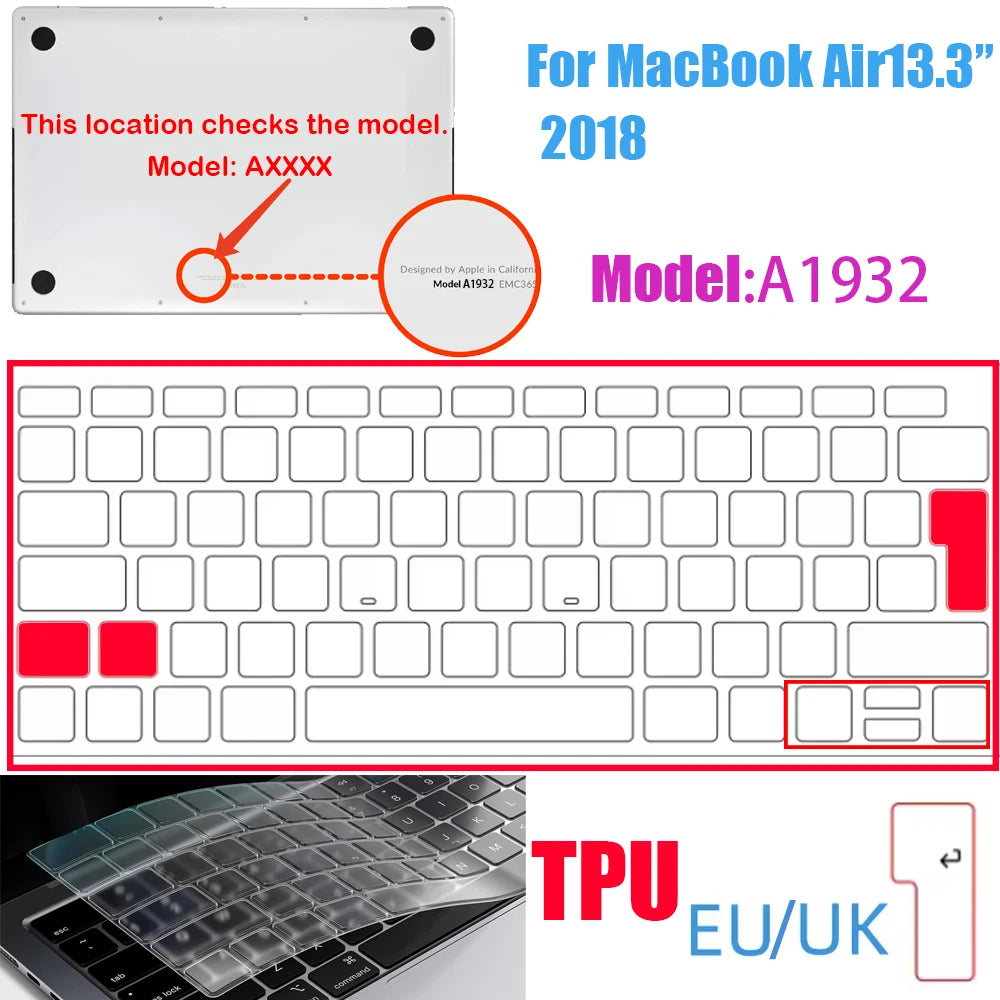 Ultra-thin TPU keyboard cover for a MacBook, shown with a display and keyboard layout.