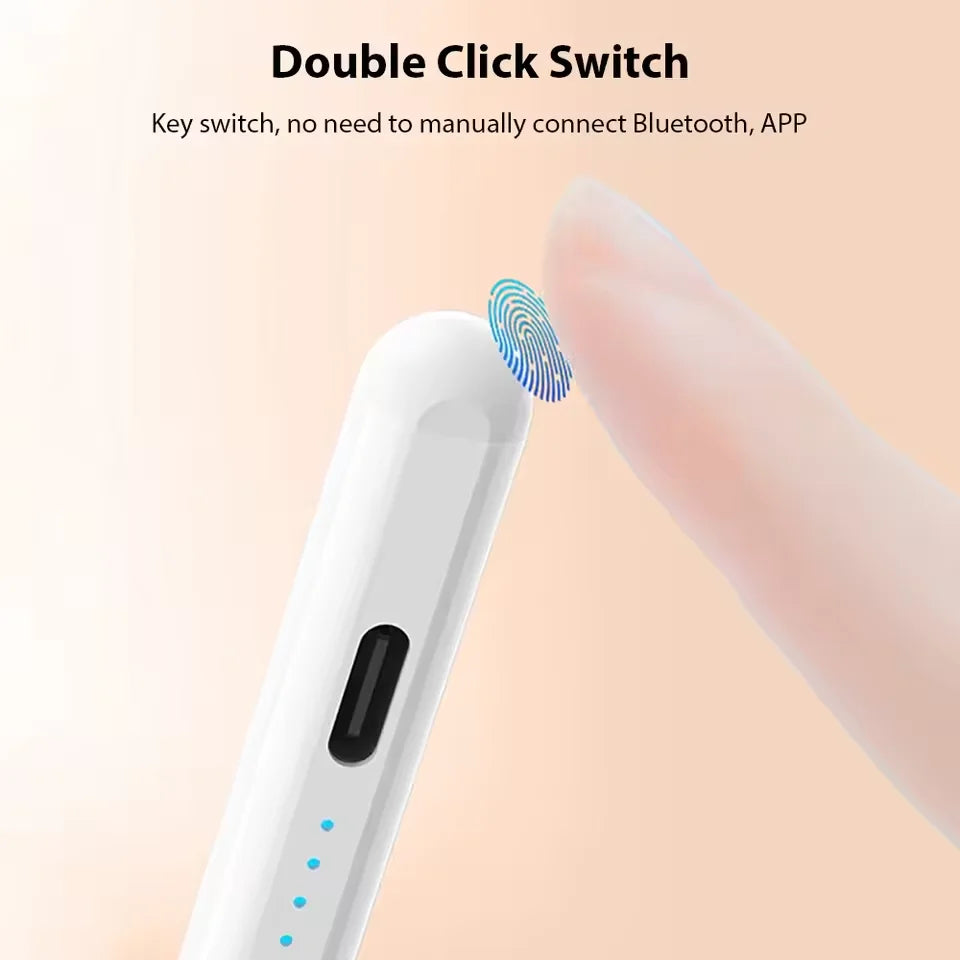 A white precision stylus pen is shown being used on a touchscreen, highlighting the double click switch feature.
