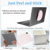 Slim stick-on mouse holder for laptops shown adhering to devices and cases