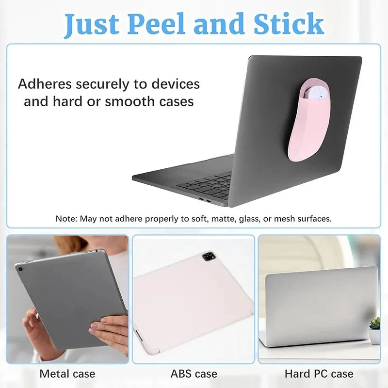 Slim stick-on mouse holder for laptops shown adhering to devices and cases