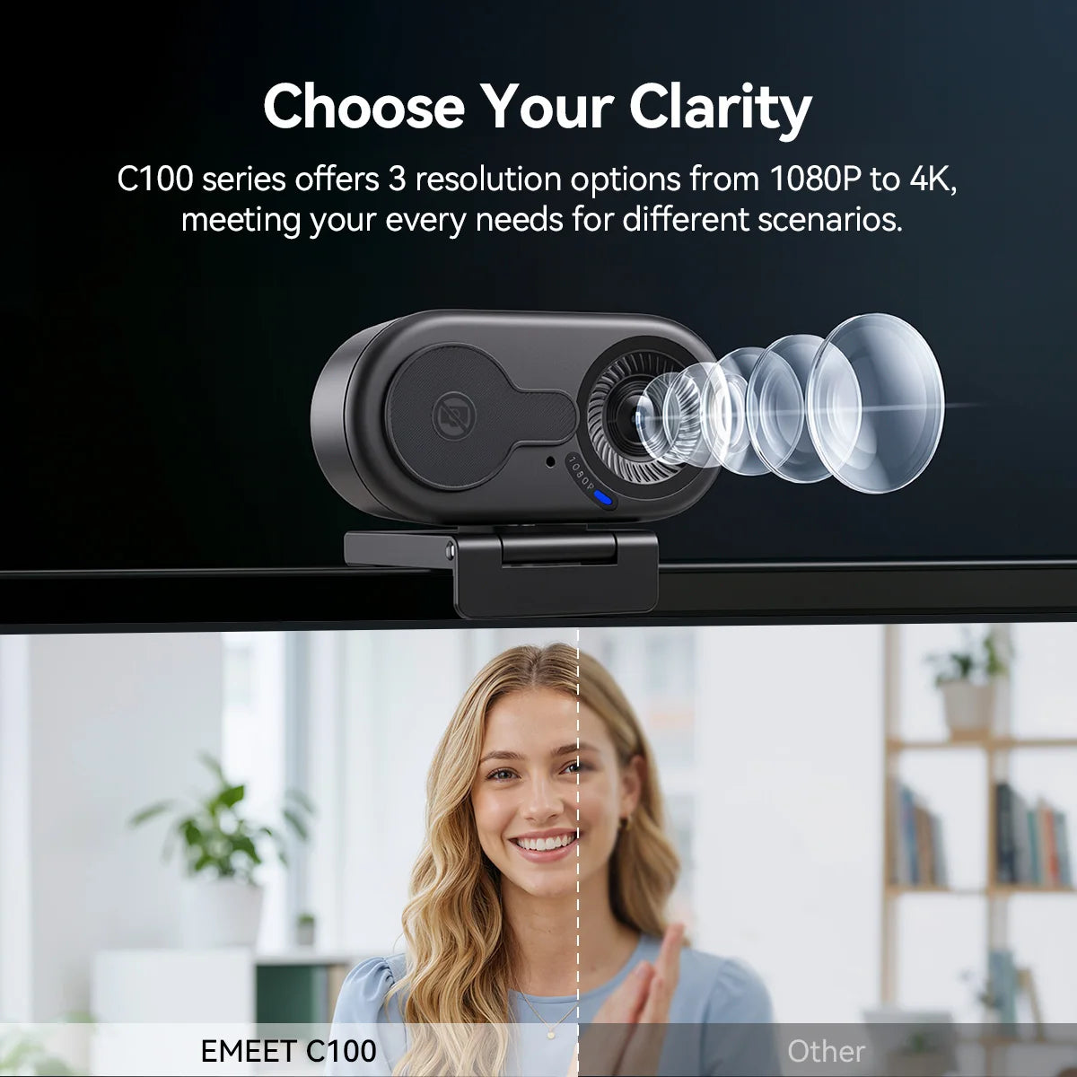 EMEET C100 HD USB-Webcam mit lächelnder Frau in heller Innenumgebung