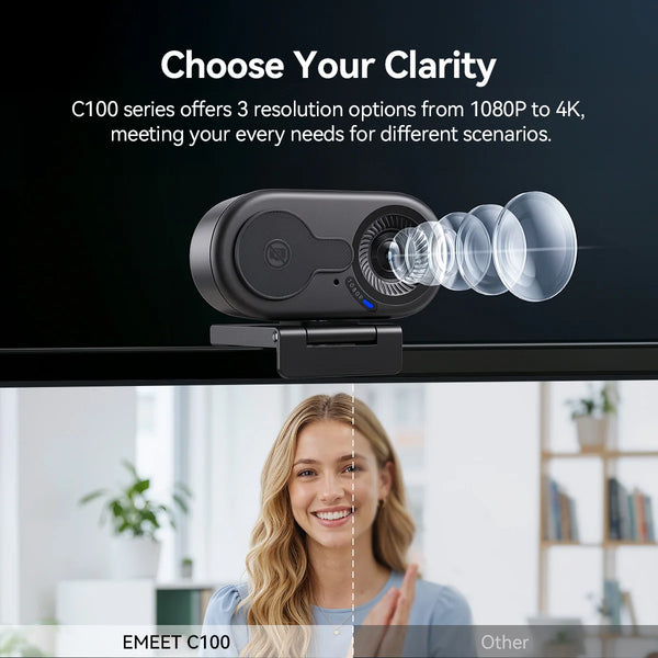 EMEET C100 high definition USB webcam shown with a woman smiling in a bright indoor setting