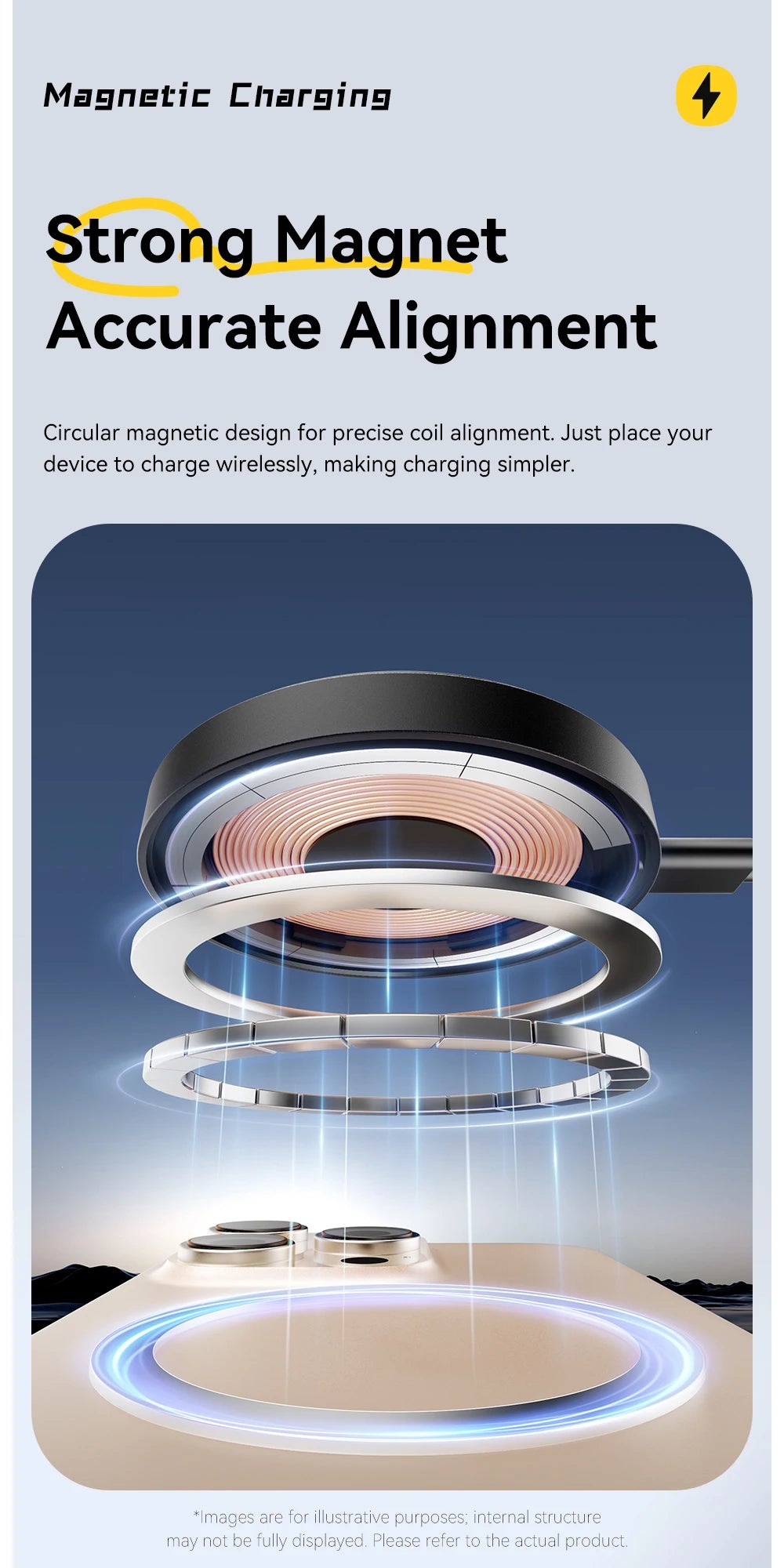 A close-up view of a magnetic wireless charging coil assembly with multiple rings and a charging pad below.