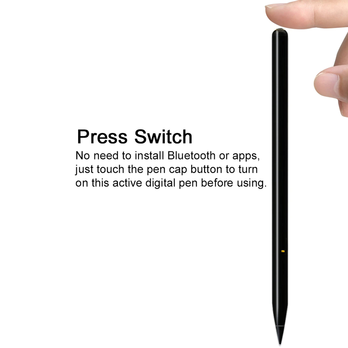 A close-up of a black digital pen with a press switch button on the cap.