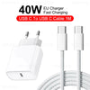 A white 40W EU charger USB C to USB C cable with two connectors and a coiled cord.