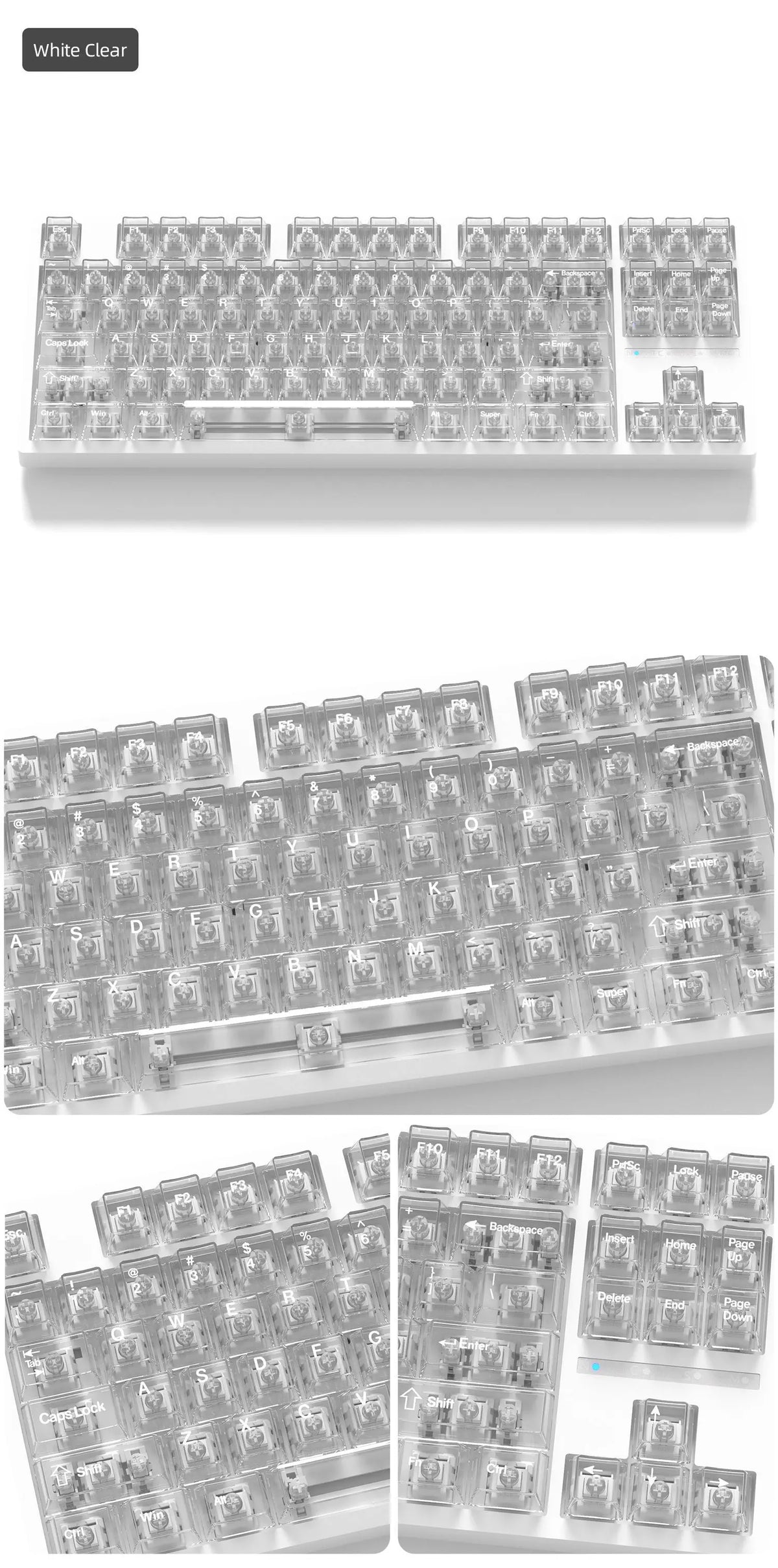 A close-up view of clear and frosted mechanical keyboard keycaps arranged in various layouts.