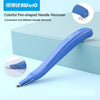 A blue Pen-shaped Needle Remover tool is shown on a light blue box, demonstrating its use for convenient and efficient needle