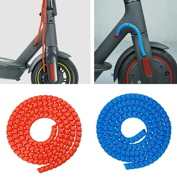 Red and blue silicone cable winder protectors for scooter cables shown in various forms