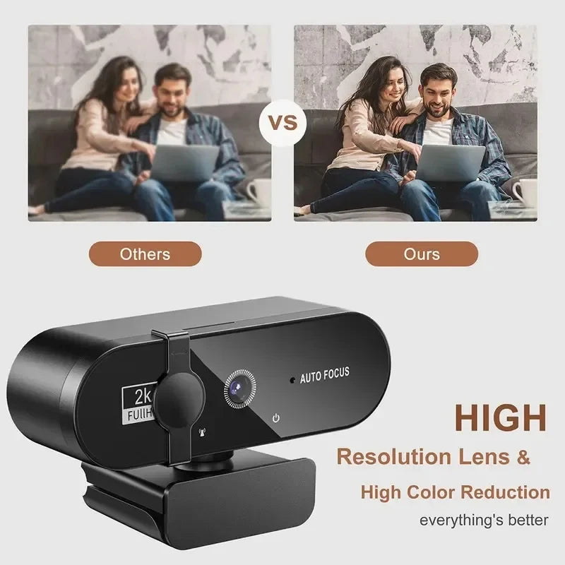 A black 2K HD webcam is shown with a focus lens and auto focus feature, compared against other webcams.
