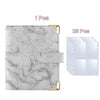 A gray marbled A5 photo album binder with a leather-like cover and a gold accent, shown next to 25 individual photo pages.