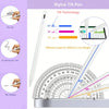 A white stylus tilt pen demonstrating various angles and line weights for different writing purposes.
