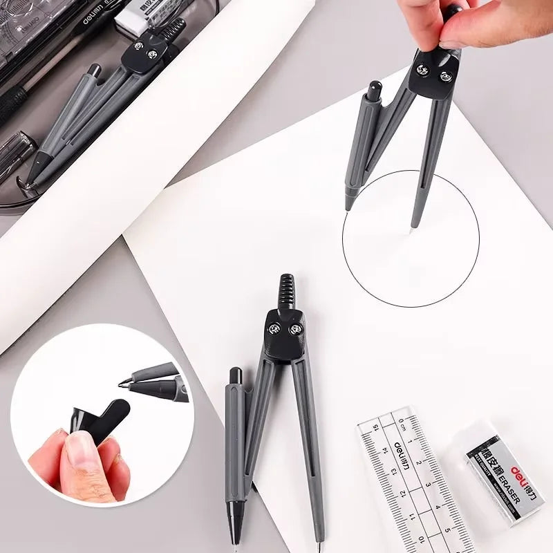 A set of professional drafting tools including a pair of compasses, pens, and an eraser on a white background.
