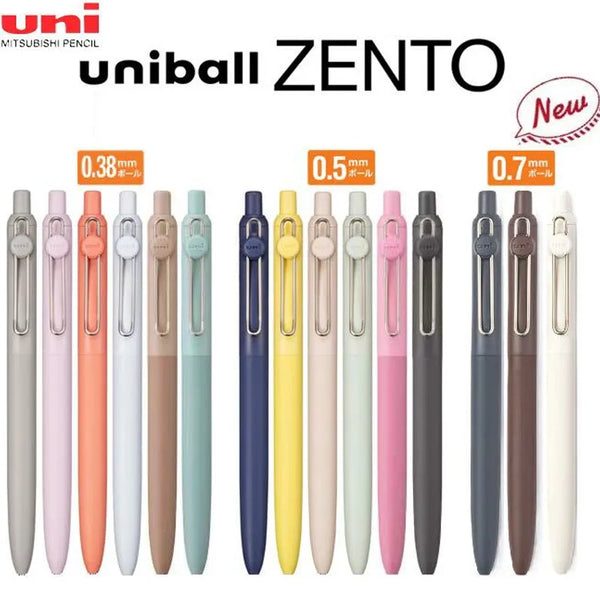 Una fila de bolígrafos de gel UniBall ZENTO de precisión en varios colores y tamaños.