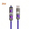 Zwei multifunktionale USB-C-Kabel mit metallischen Anschlüssen und lila Spitzen für schnelles Laden und Daten-Sync.