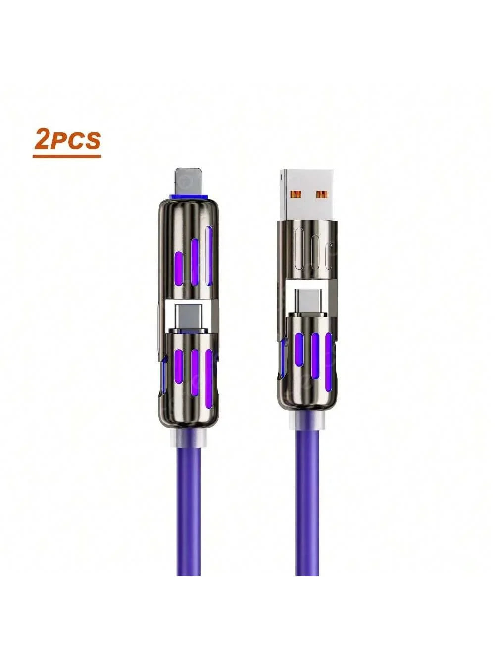 Zwei multifunktionale USB-C-Kabel mit metallischen Anschlüssen und lila Spitzen für schnelles Laden und Daten-Sync.