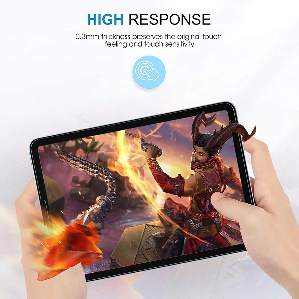 A hand holds an iPad displaying a game screen with a character, demonstrating the high response and touch sensitivity of 0.3m