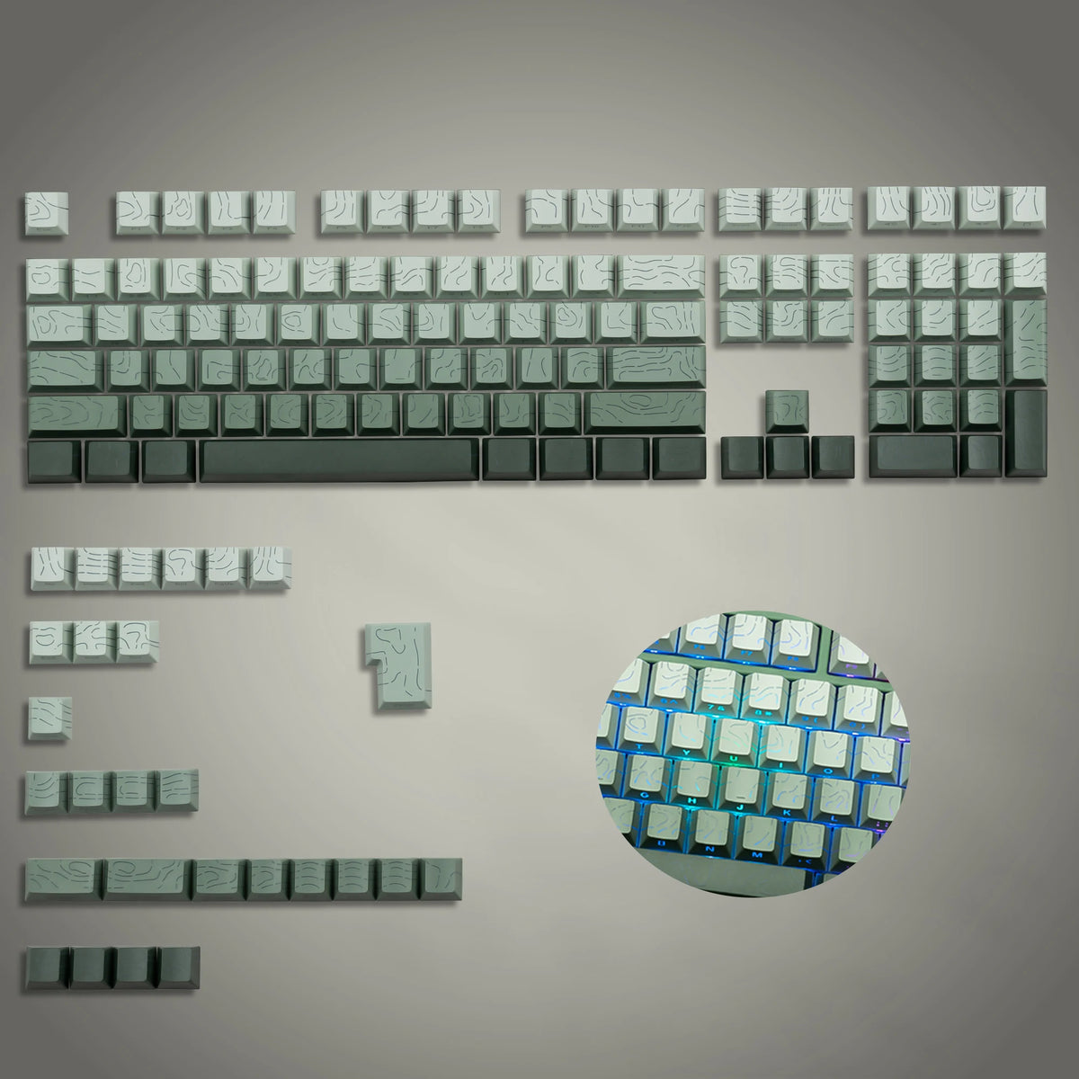 Eine Sammlung von individuellen doppelten Druck-Keycaps für eine mechanische Tastatur in verschiedenen Layouts und Farben.