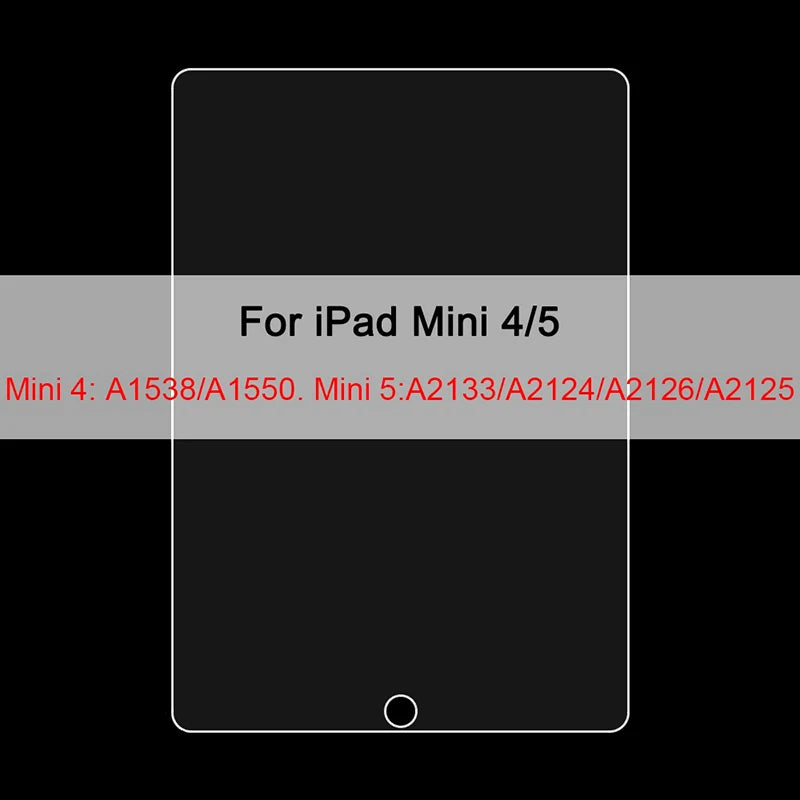 Film protecteur en PET mat pour iPad Mini 4/5, montrant les numéros de modèle A1538/A1550 et A2133/A2124/A2126/A2125.