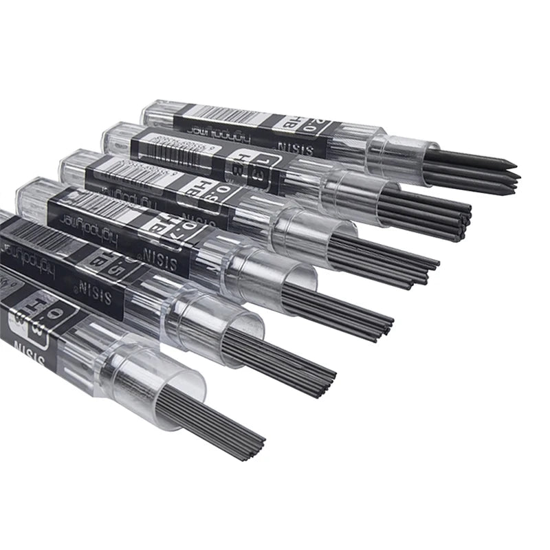 A set of black metal mechanical pencils with HB lead cores arranged in a row.