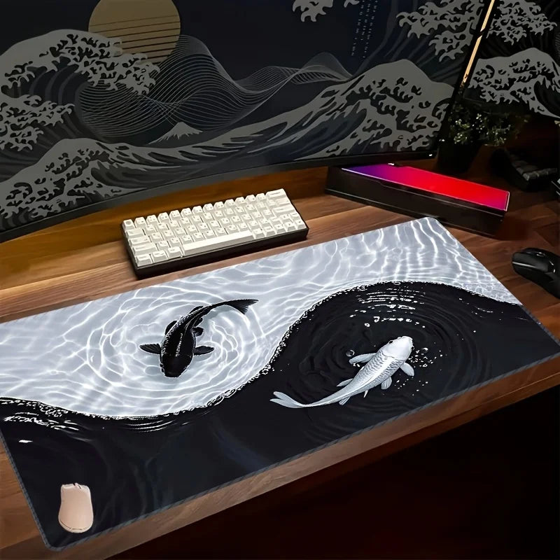 A black and white koi pattern mouse pad featuring a dynamic wave design with fish silhouettes on a wooden desk.