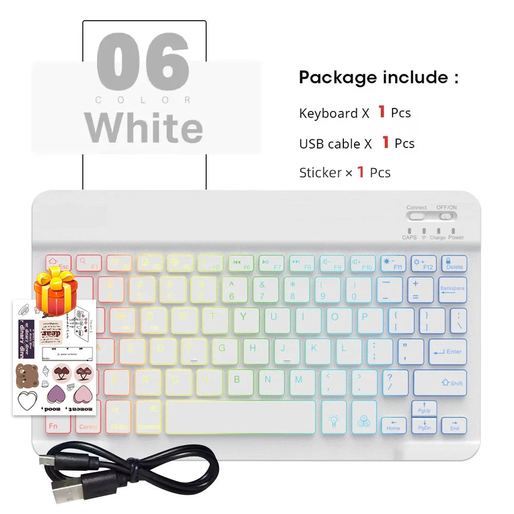 Paquete de teclado y mouse Bluetooth multilingüe blanco, incluye teclado, cable USB y pegatina