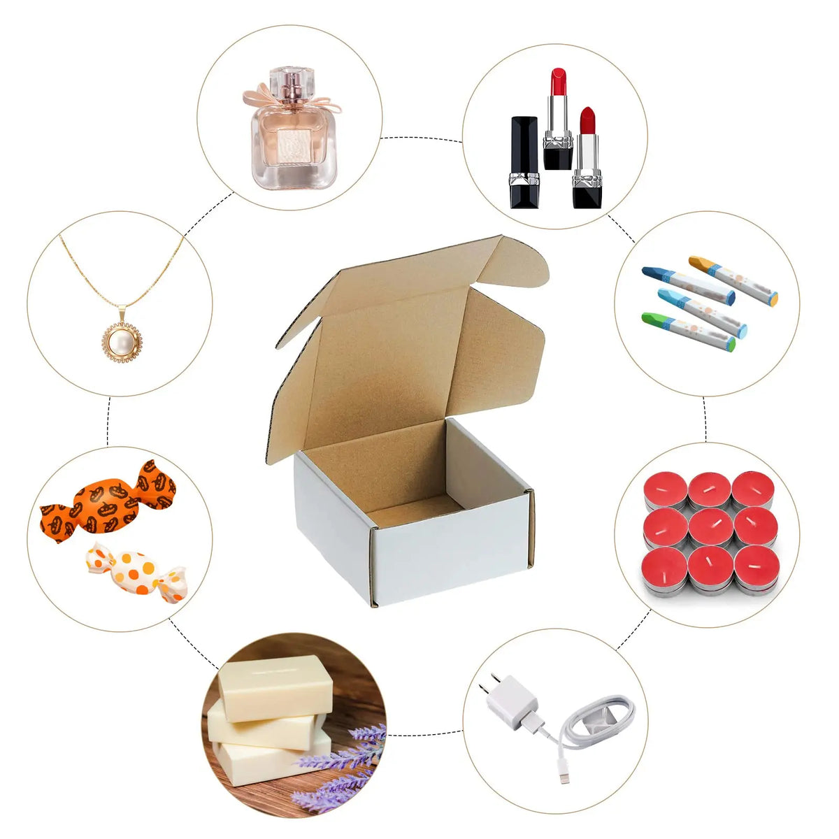 A set of ten eco-friendly kraft gift boxes, various cosmetic products, and a small white adapter are displayed around a centr