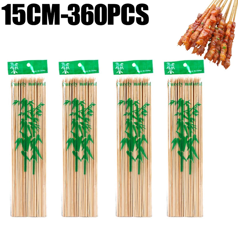 A set of 360 natural bamboo skewers, various lengths, packaged with green labels.