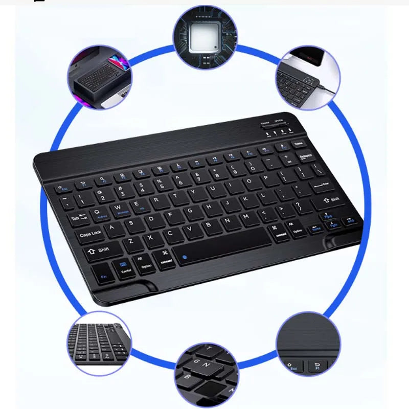 A black multi-device Bluetooth keyboard and mouse combo shown with various components.