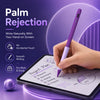 A hand writes on a tablet screen using a purple stylus pen, demonstrating palm rejection technology.