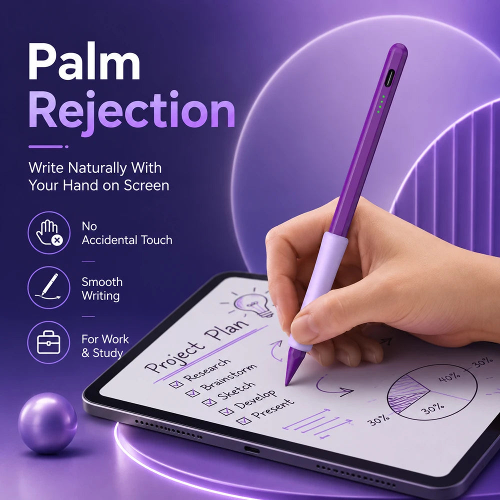 A hand writes on a tablet screen using a purple stylus pen, demonstrating palm rejection technology.