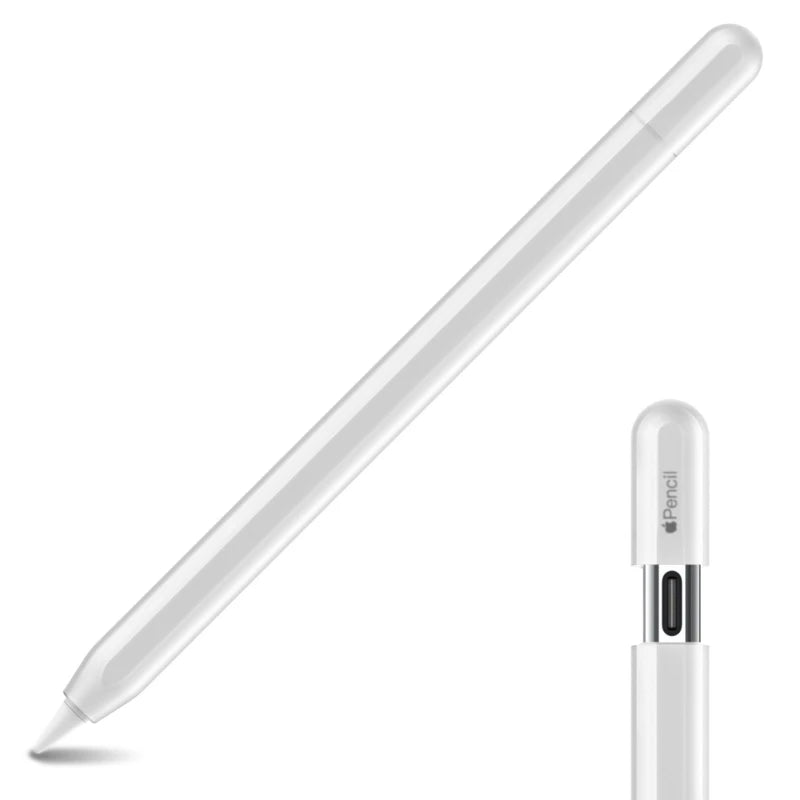A white Apple Pencil with a silicone protective case shown diagonally.