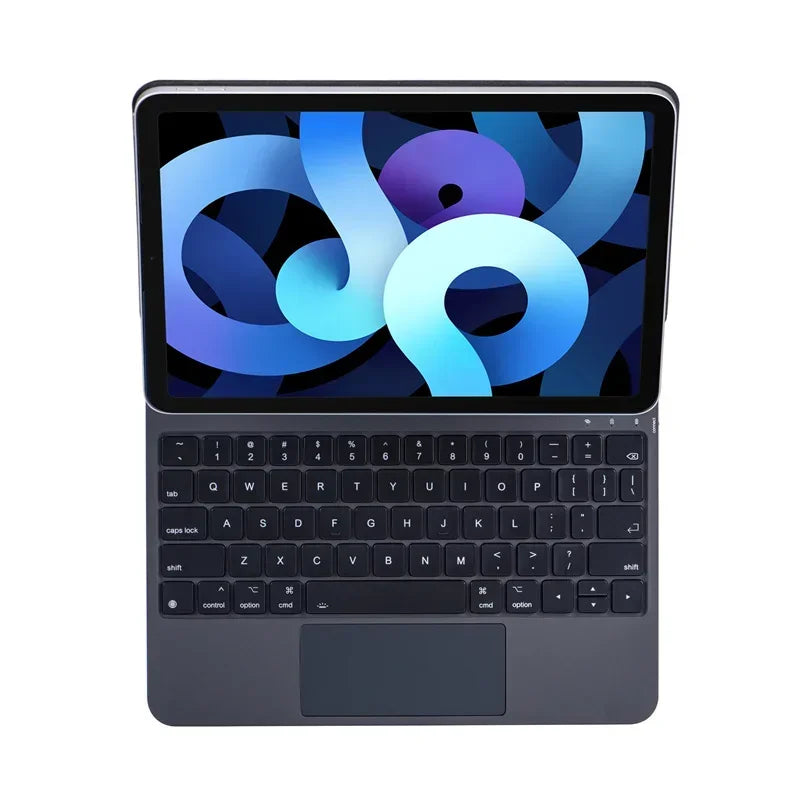 A silver backlit magic keyboard case for an iPad showing a colorful logo on the screen.