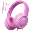 A pair of pink wired headphones with a volume limiter and a detachable cord are shown.