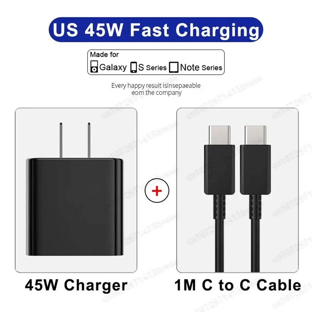 US 45W Fast Charging product featuring a charger and a 1M C to C cable for Galaxy S and Note series devices