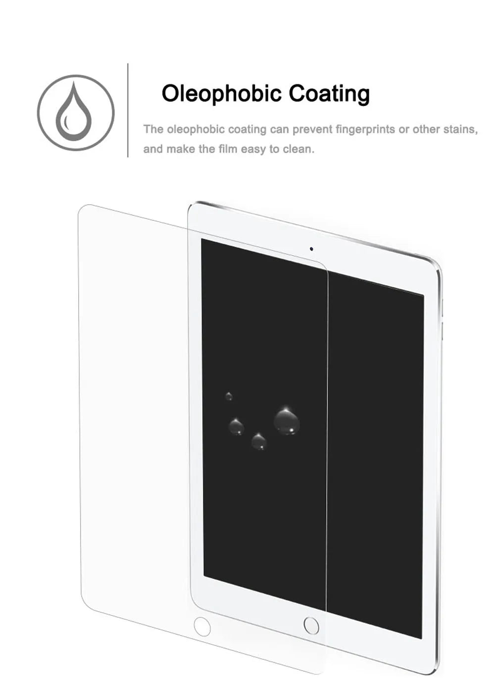 A clear HD tempered glass screen protector is shown next to a tablet, demonstrating an oleophobic coating feature.