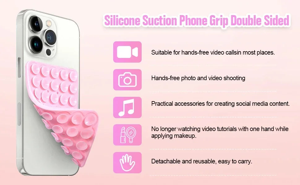 Pinza de silicona rosa para smartphone, diseñada para videollamadas y fotografía manos libres.