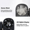 Close-up view of a portable mini fan featuring a dense mesh grille and an HD digital display showing power level and settings