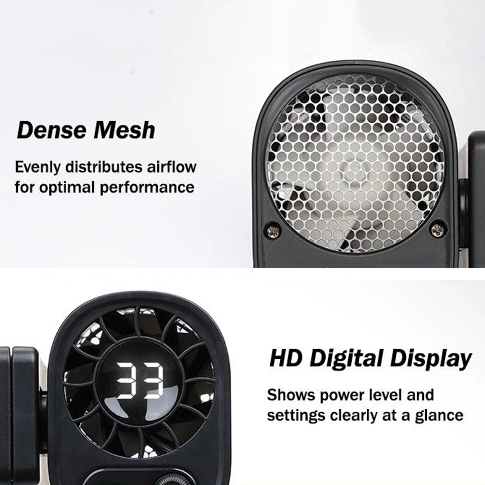 Close-up view of a portable mini fan featuring a dense mesh grille and an HD digital display showing power level and settings