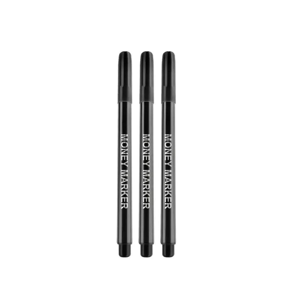 Three black counterfeit detection pens standing upright.