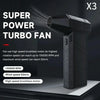 A black super power turbo fan is shown on a surface, highlighting its high rotation speed and wind power.