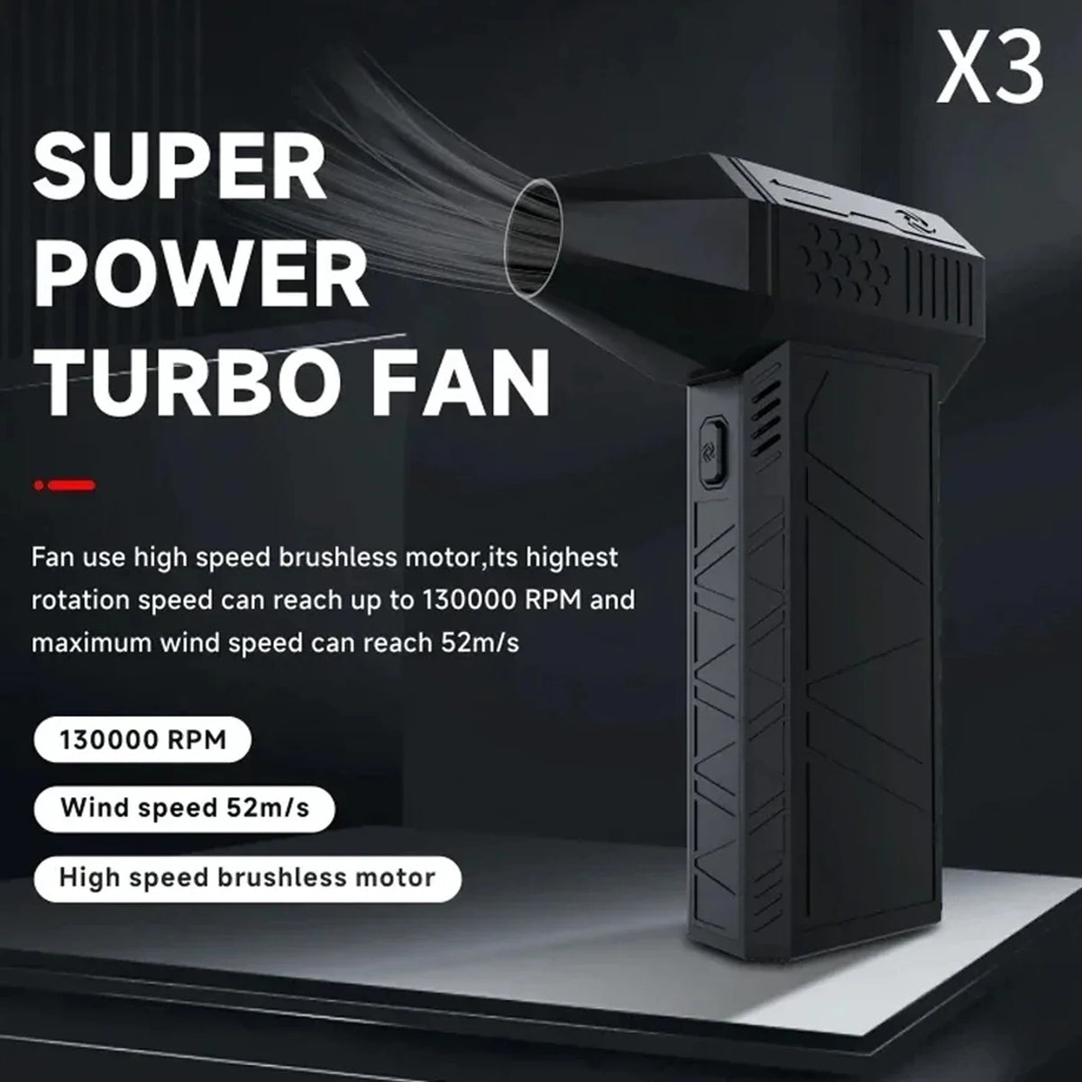 A black super power turbo fan is shown on a surface, highlighting its high rotation speed and wind power.