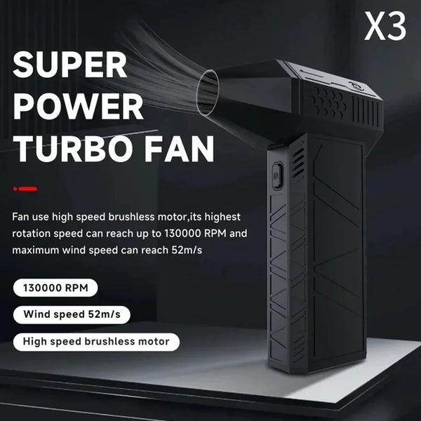 Un ventilateur turbo noir super-puissant, mettant en évidence sa vitesse de rotation élevée et sa puissance de vent.