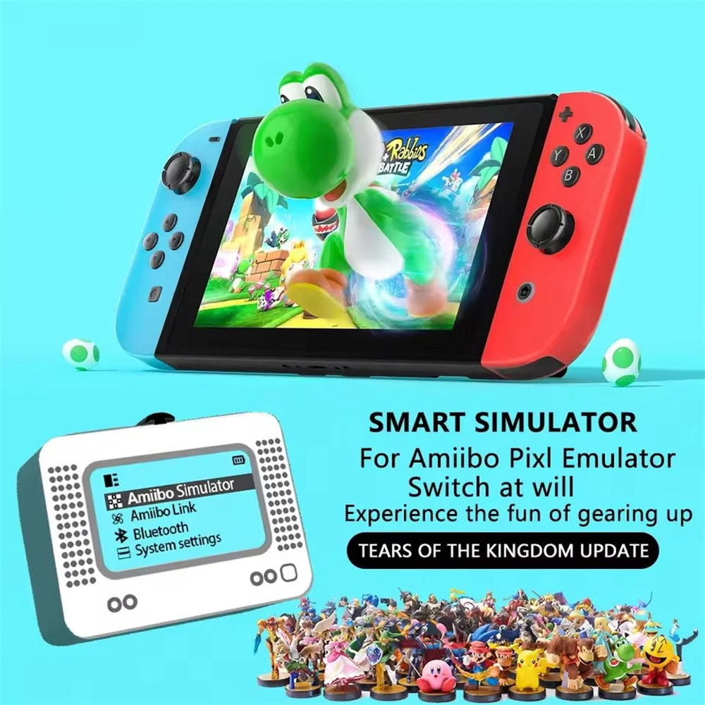 A digital tablet displaying a game interface next to an Amiibo simulator device and various collectible figures.
