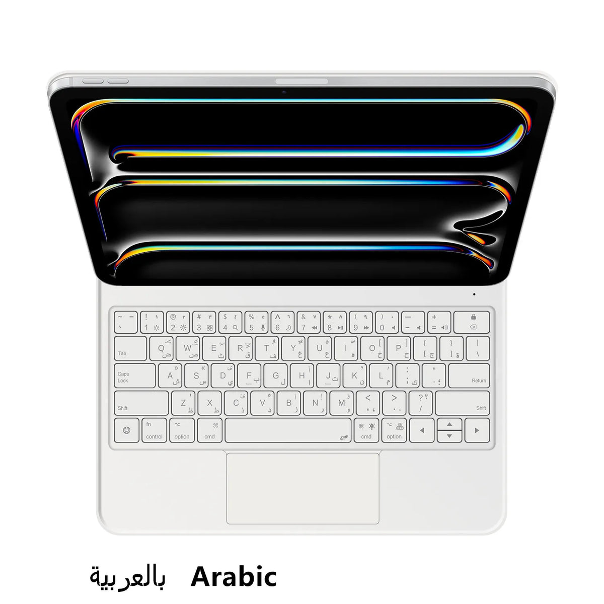 A black keyboard cover for an iPad showing colorful light trails on the screen.