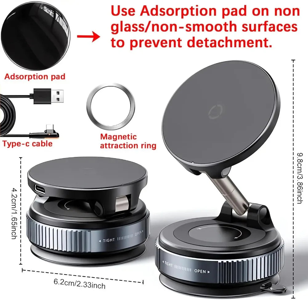 A magnetic wireless phone mount shown with an adsorption pad for preventing detachment.