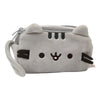 A gray plush cat pencil case with a zipper and black stripes on its face.